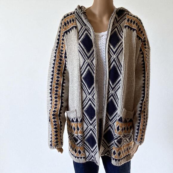 Lucky Brand Aztec Southwest Print Jacquard Knit Hooded Cardigan Women's sz XL - Picture 1 of 8